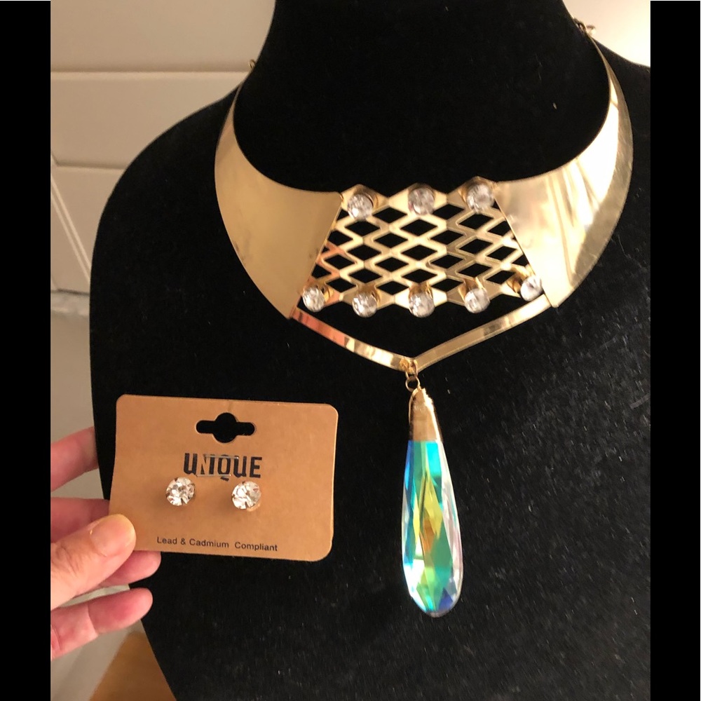 necklace set metal gold & crystal droplet jewelry